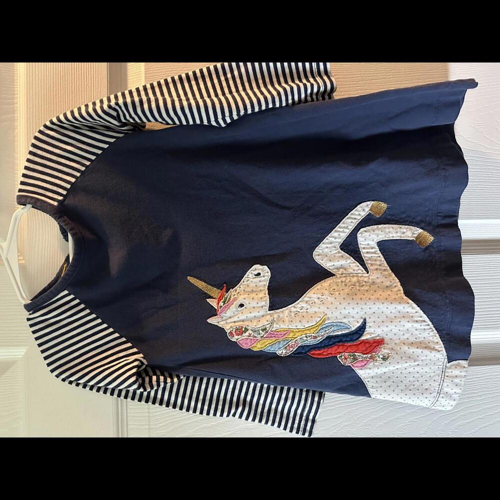 Girls Mini Boden Long Sleeve Navy/White stripe Unicorn Size 3-4